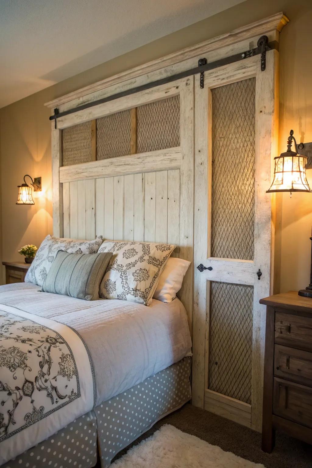 Enhance your bedroom with the appeal of a country-style headboard crafted from a reclaimed screen door.