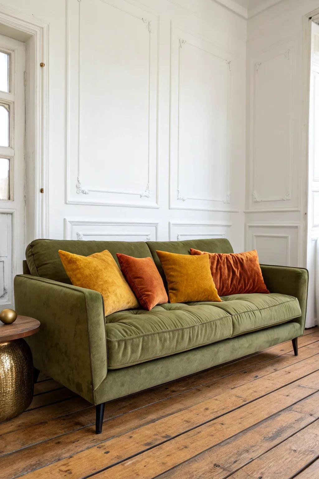 Radiant cushions present a lively contrast against the emerald couch.