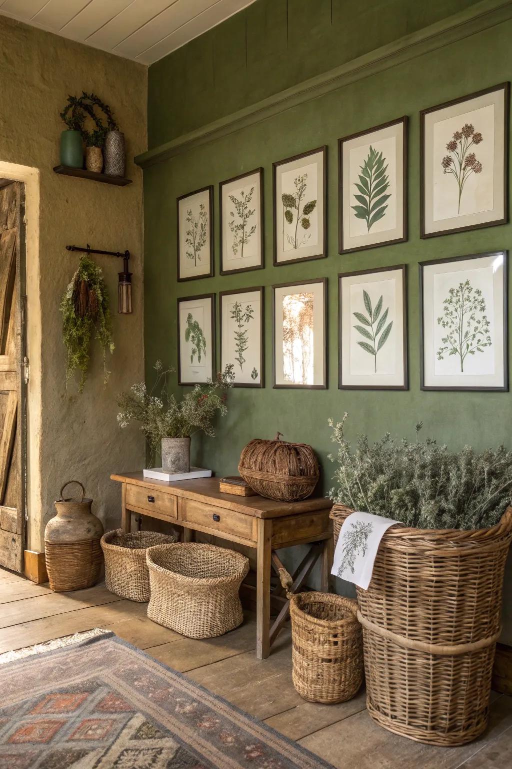 Art and decor beautifully enhance the aesthetic appeal of olive green walls.