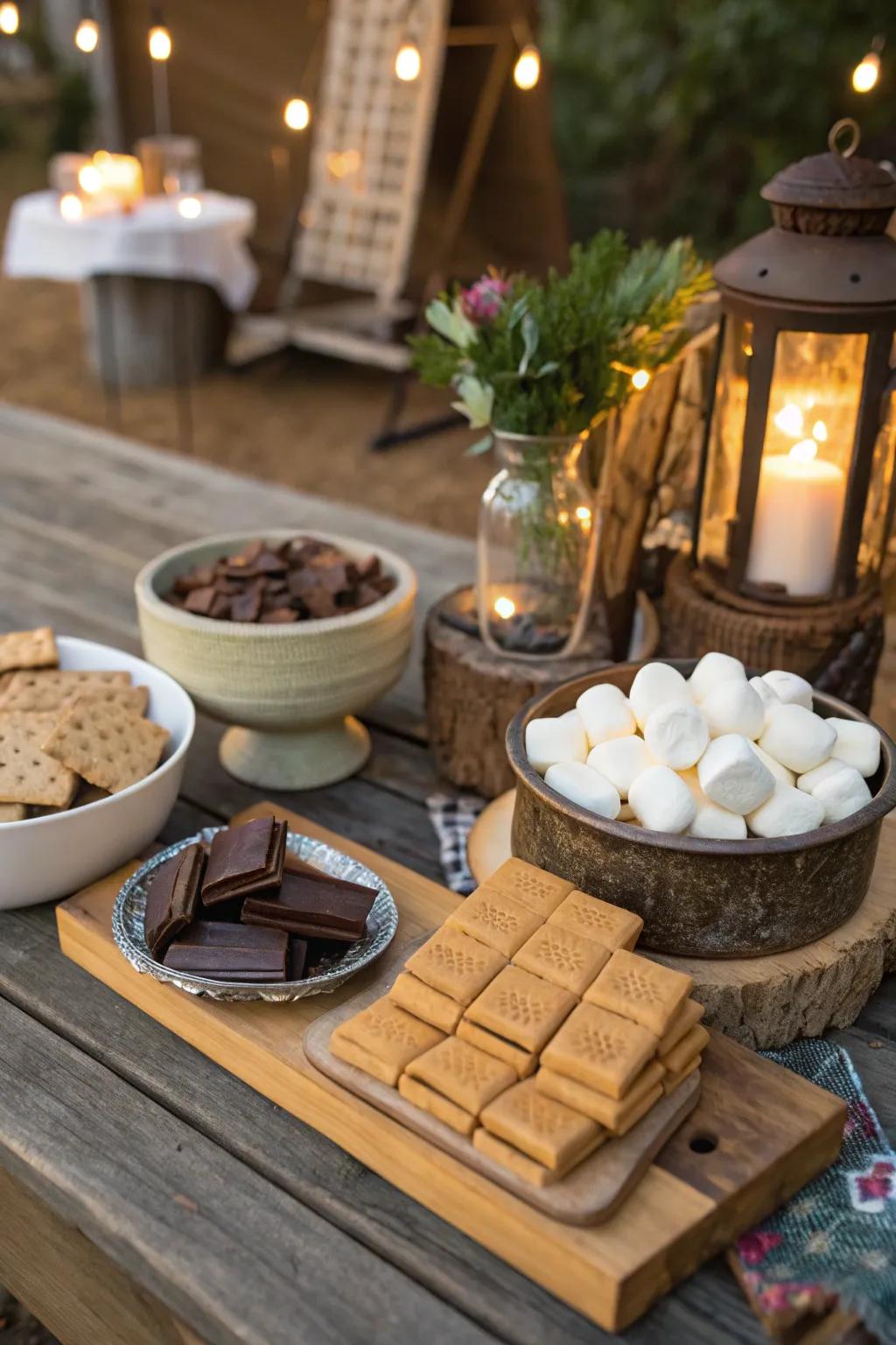 A tempting fireside treat station poised for marshmallow toasting.