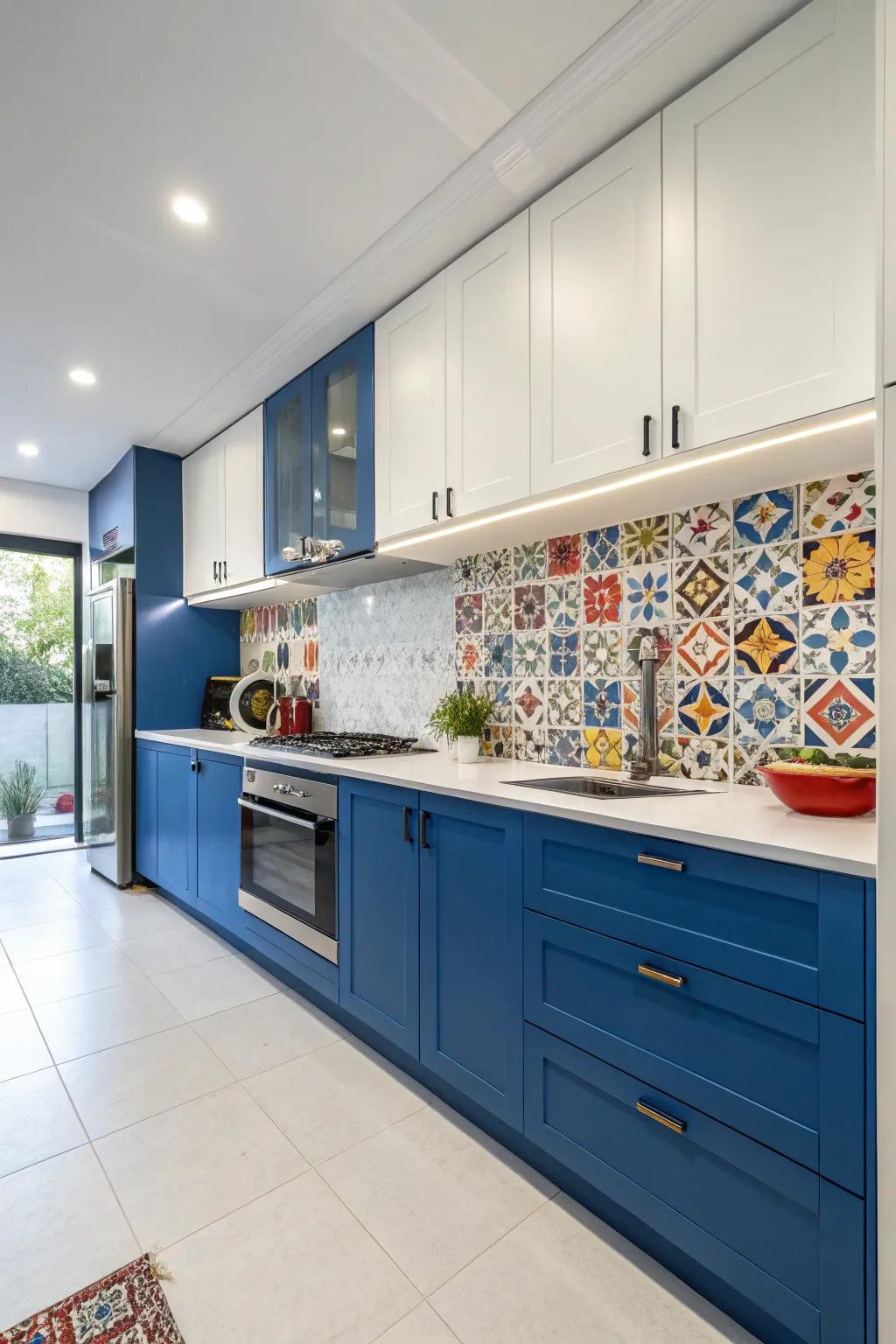 A single-wall kitchen where daring azure furnishings exude dynamic vitality.