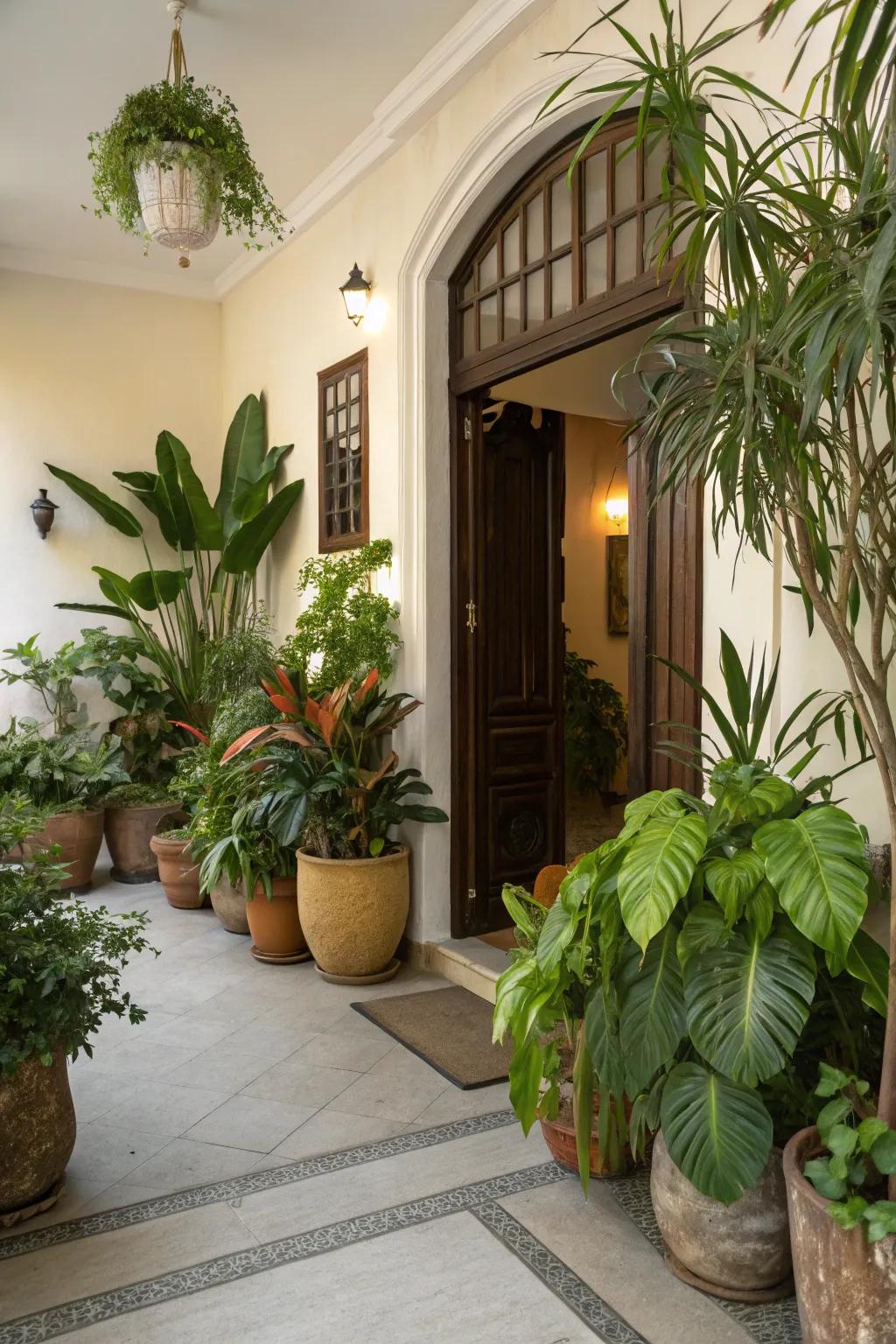 Greenery inspires life into an entryway, making it feel simultaneously fresh and attractive.
