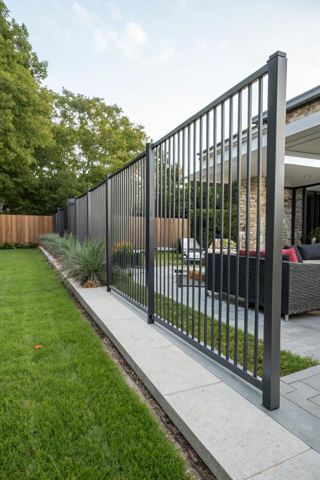Elegant upright metal strips create a breezy and modern fence.