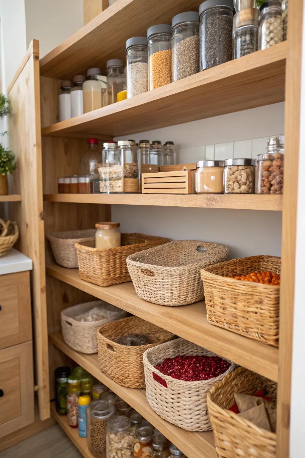 Raw timber shelving and bamboo baskets contribute warmth to a pantry's aura.