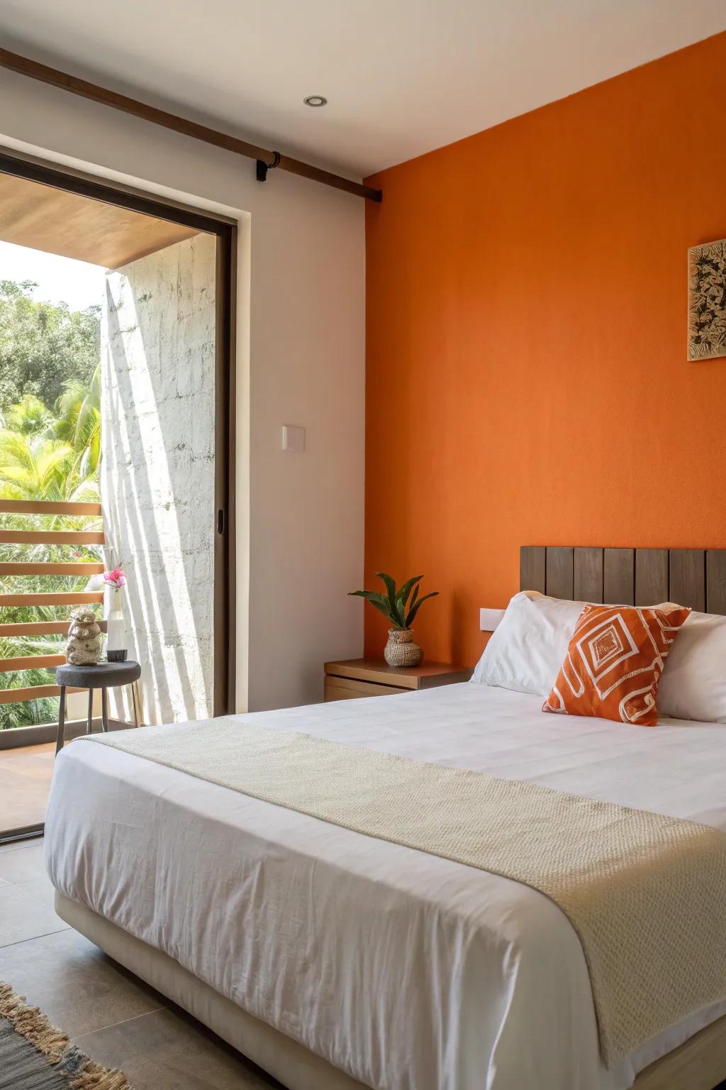 A feature wall painted orange gives a burst of hue without dominating the space.