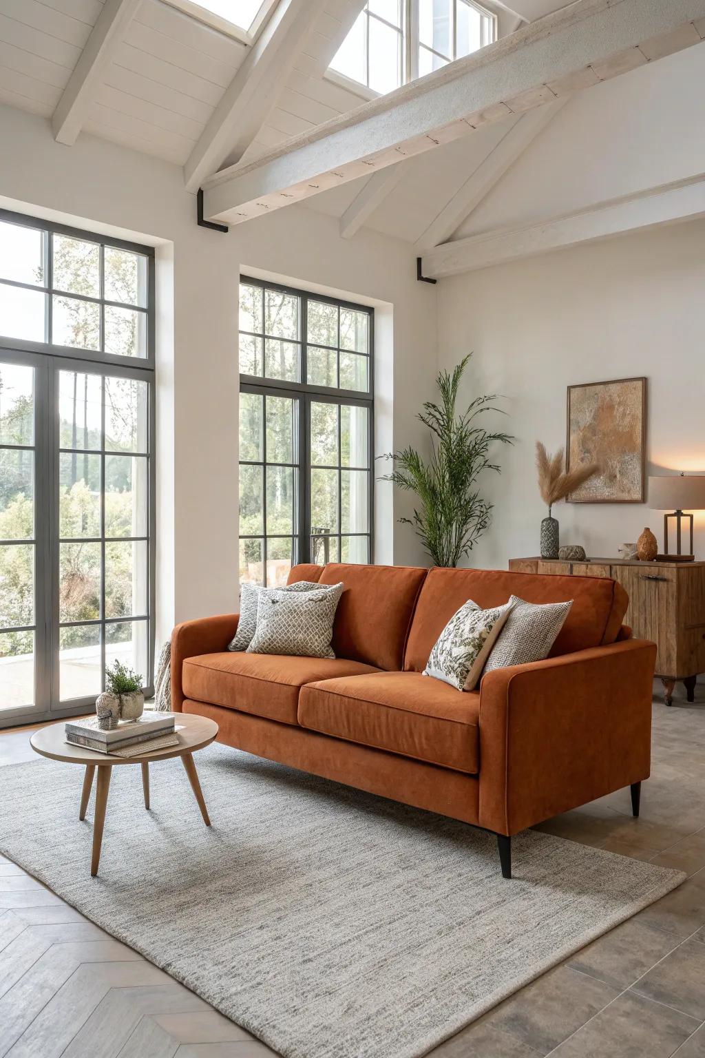 A sunset orange couch makes a statement, infusing warmth and style into the space.