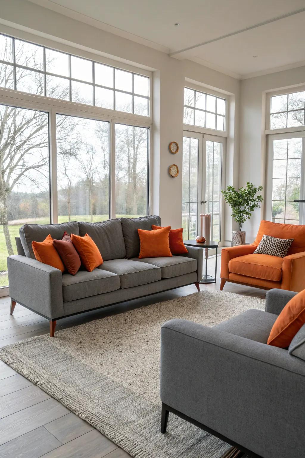A harmonious living area where gray furnishings are beautifully highlighted with orange cushions.