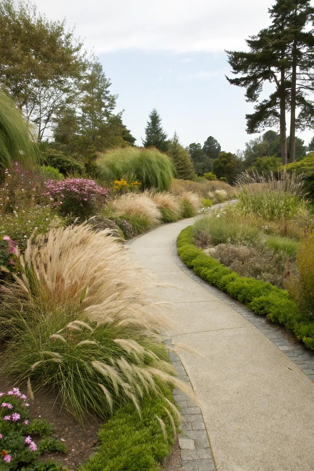 Walkways bordered by decorative turfs design a natural guide.