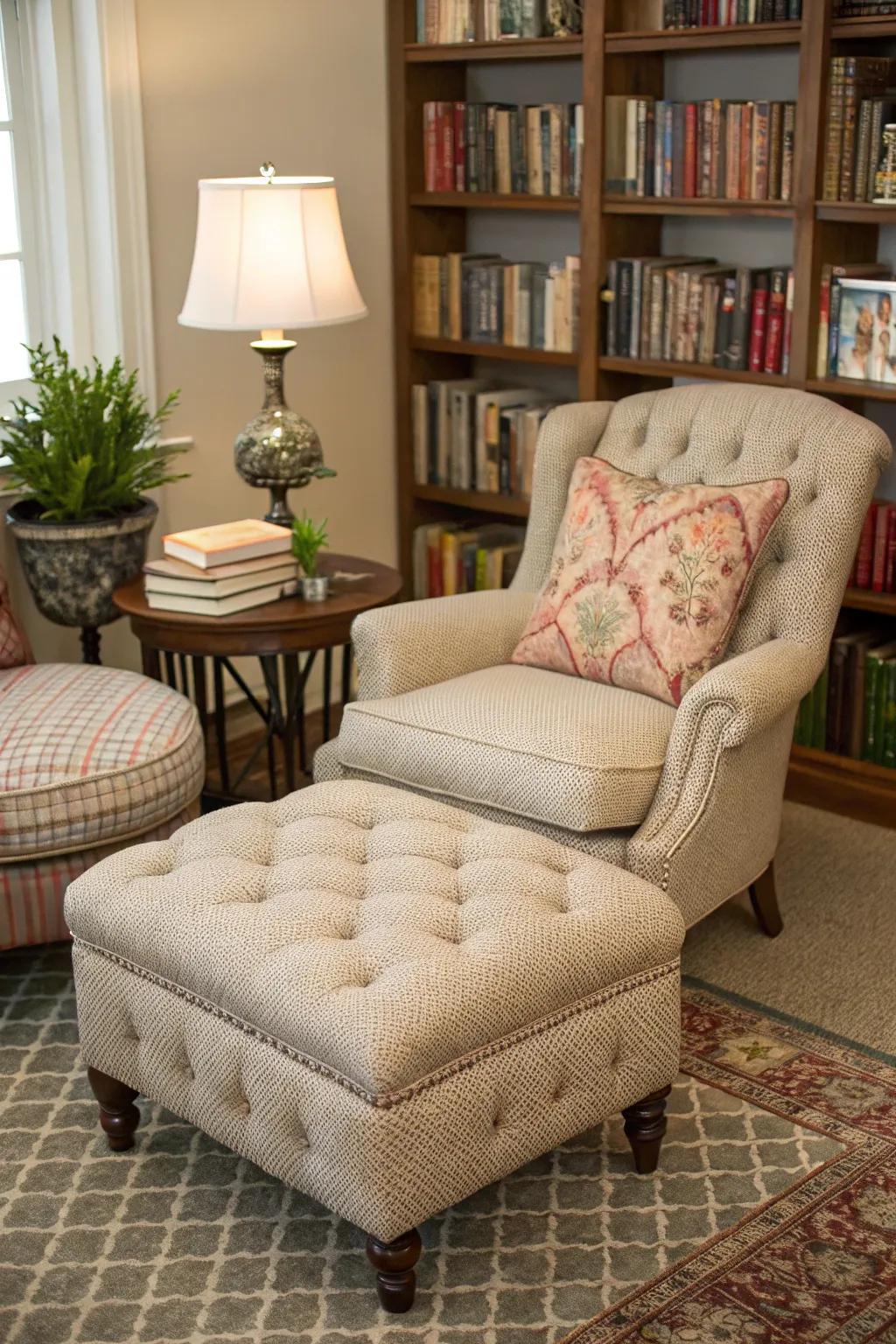 A buttoned ottoman brings an opulent touch to a snug reading corner.