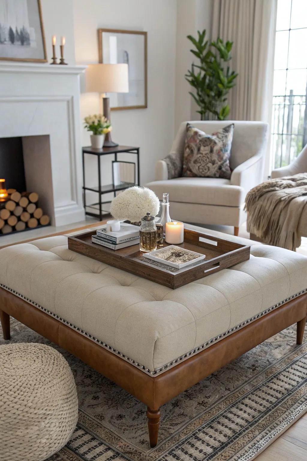 An ottoman used as a stylish coffee table focal point.