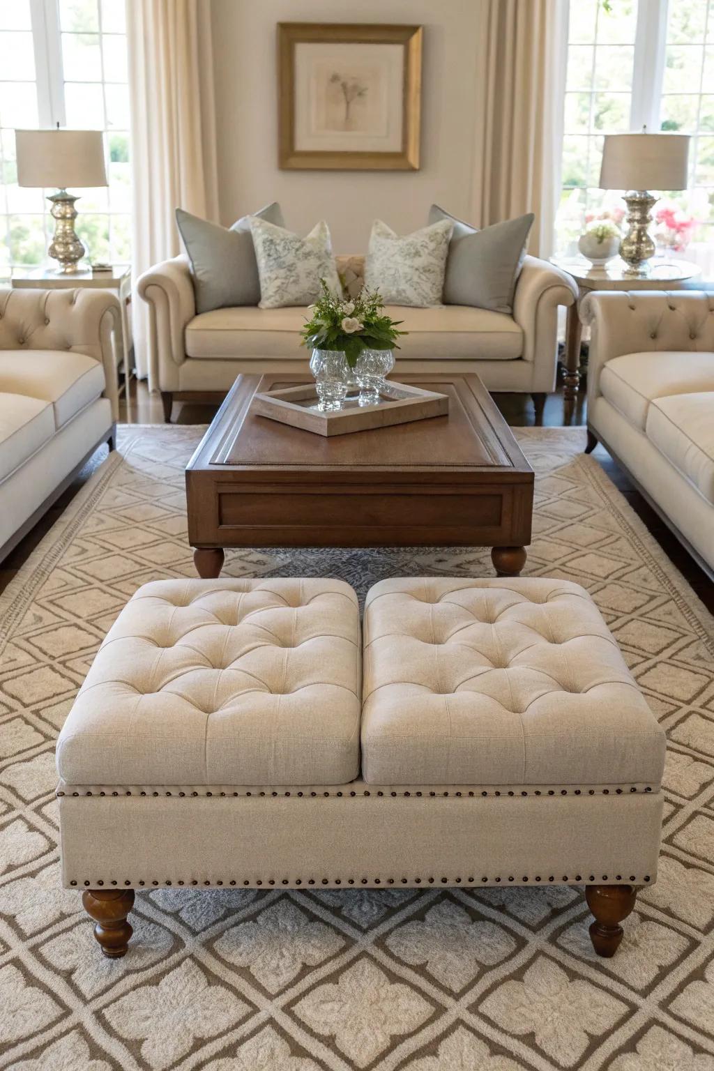 Symmetrical ottomans bringing balance into the room