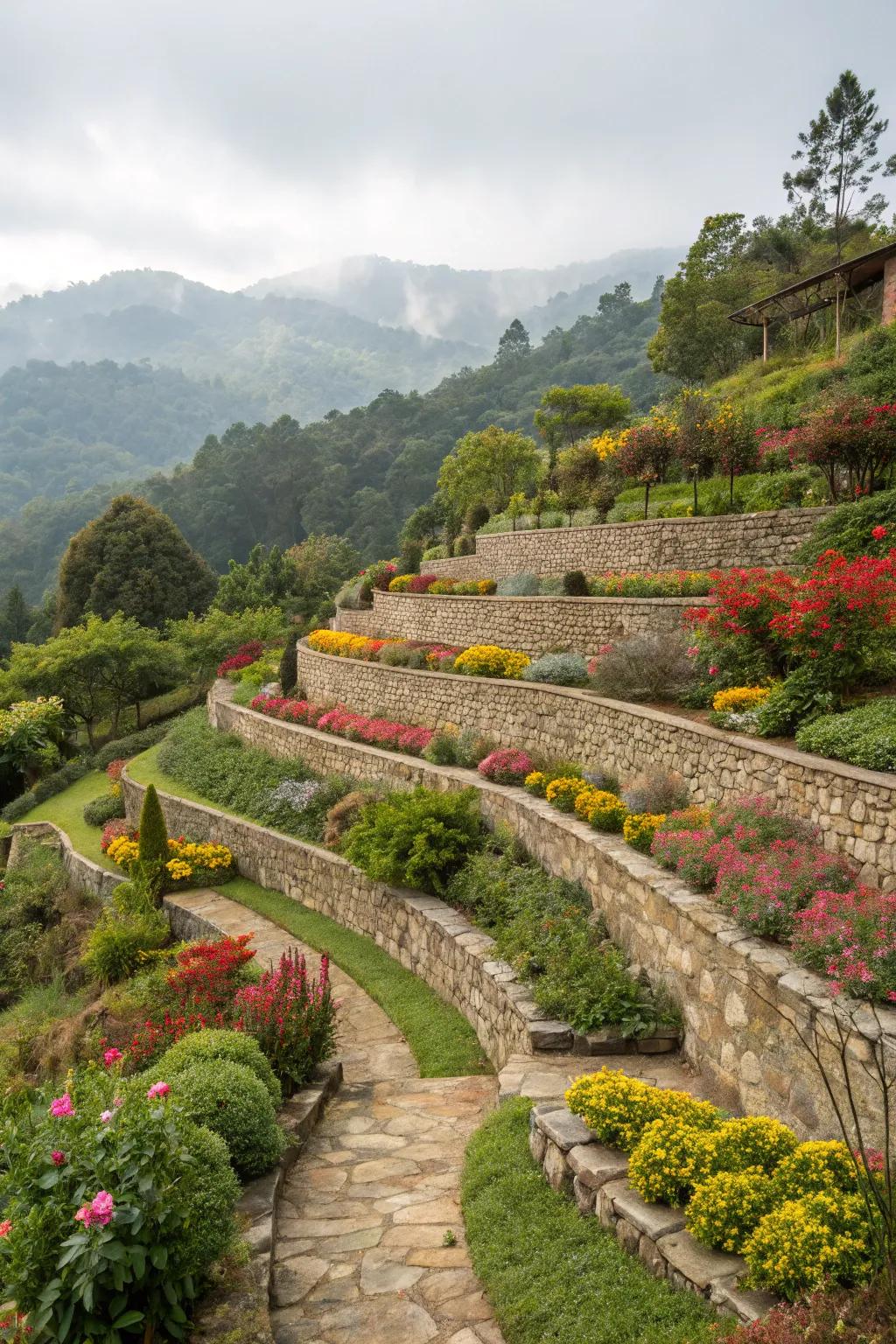 Tiered stone walls transform slopes into exquisite garden showcases.
