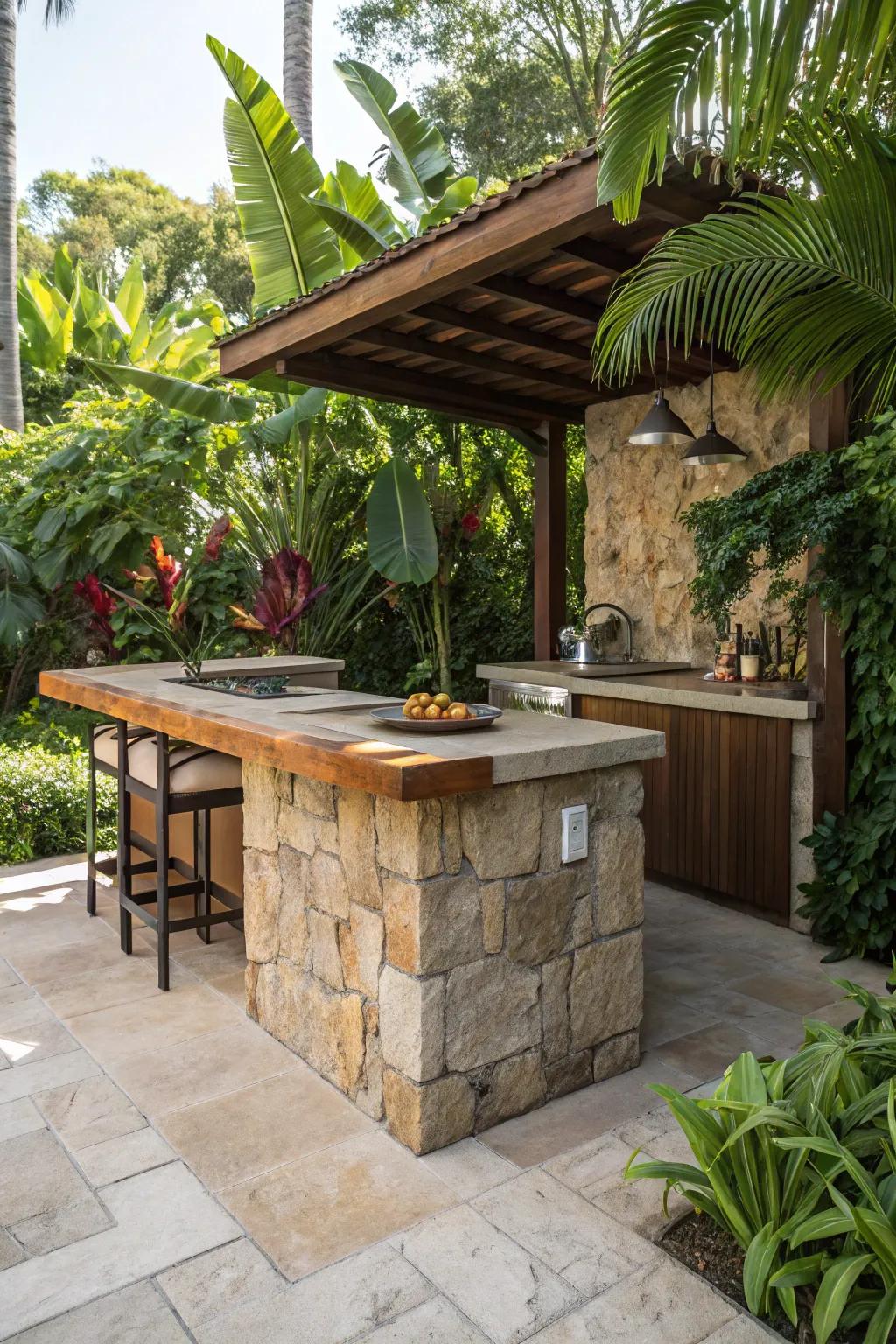 An island bar layout encourages conversation and serves as a central gathering point.