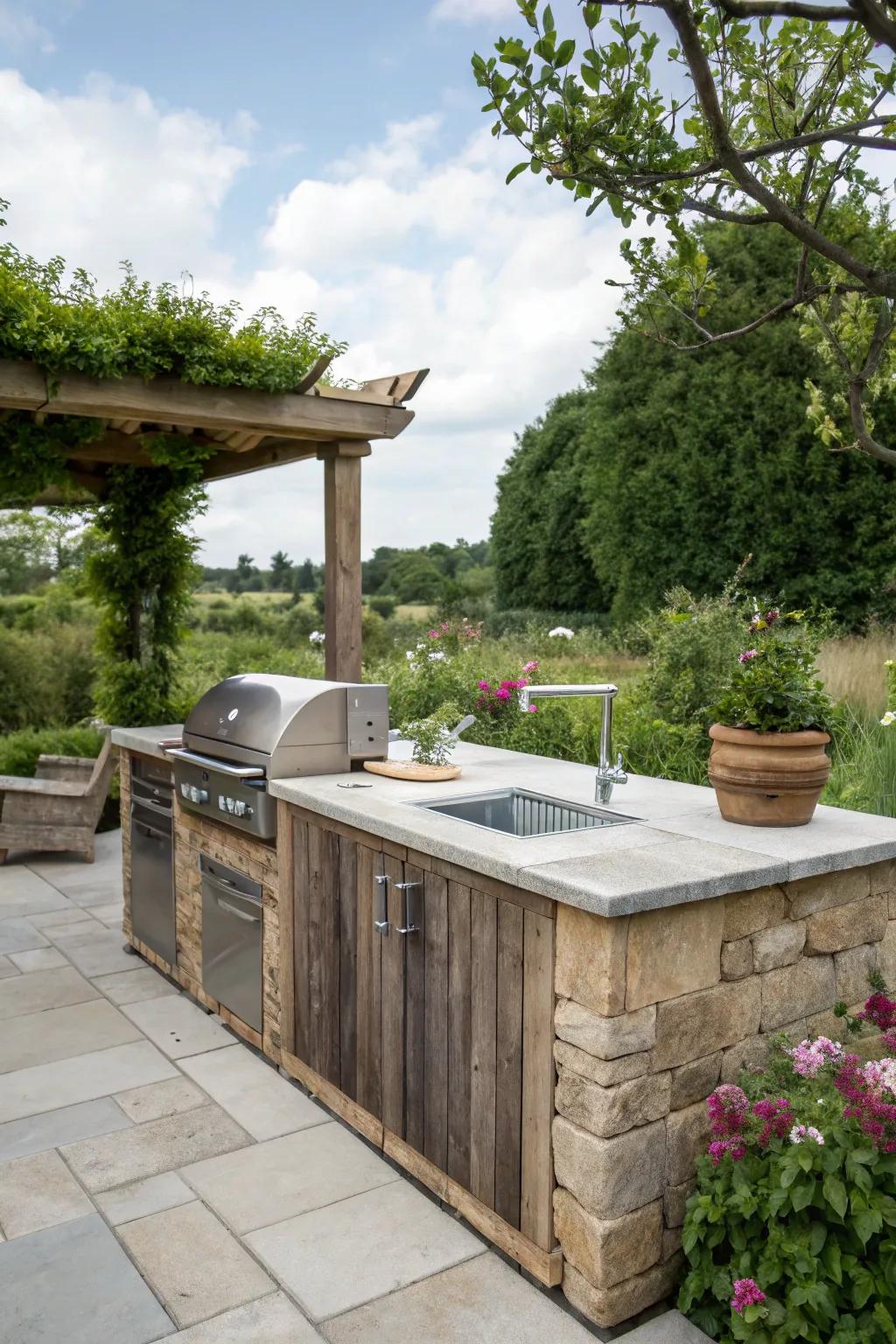 A cooking station equipped with a built-in roaster and washbasin, which is perfect for hassle-free outdoor cooking.