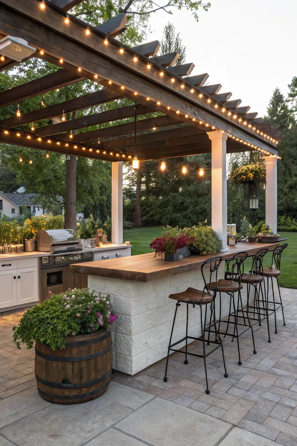A delightful outdoor kitchen featuring a pergola and gentle lighting.