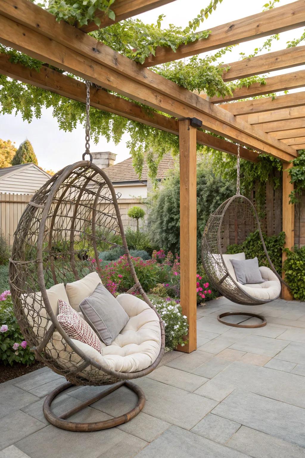 Hanging seats infuse a sense of whimsy and relaxation into your outdoor haven.