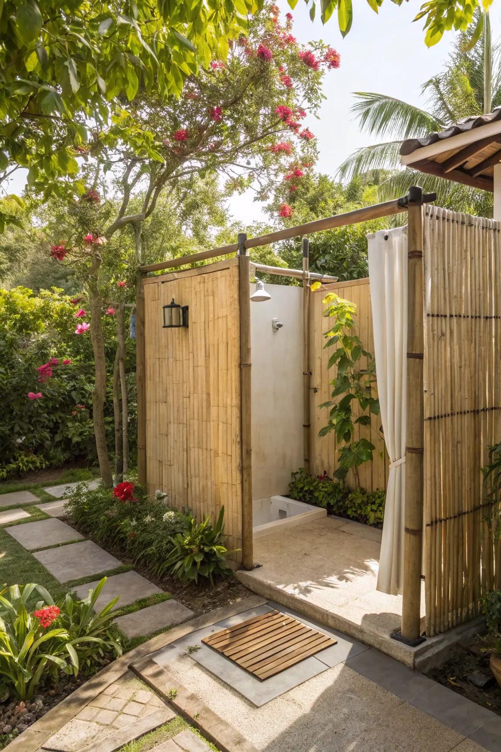 Bamboo partitions provide privacy while preserving an open-air ambiance.