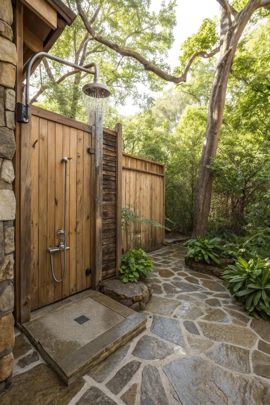 A rustic outdoor shower showcasing native stone flooring.