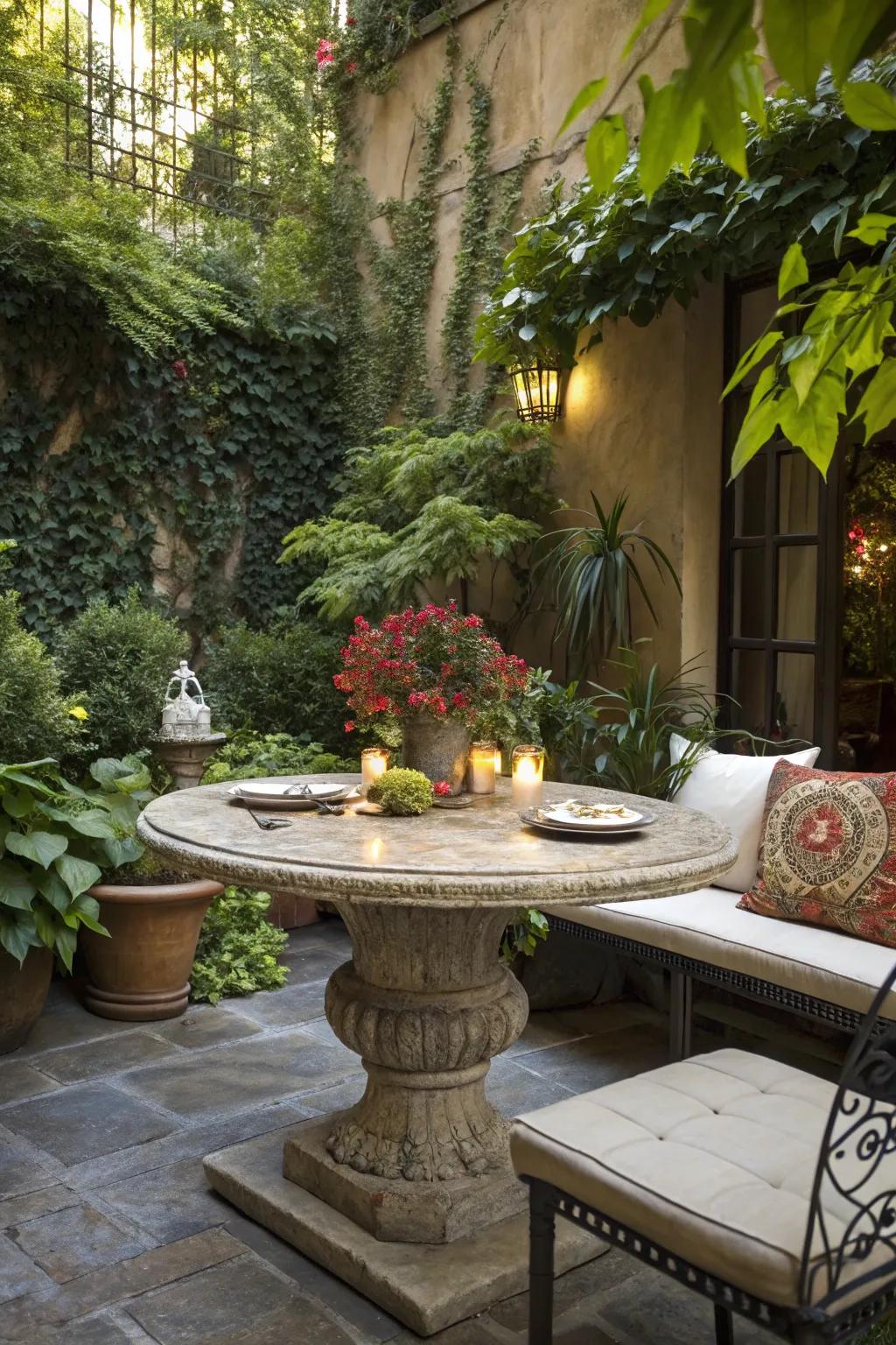 Rock table tops bring refinement and strength to your outdoor eating space.