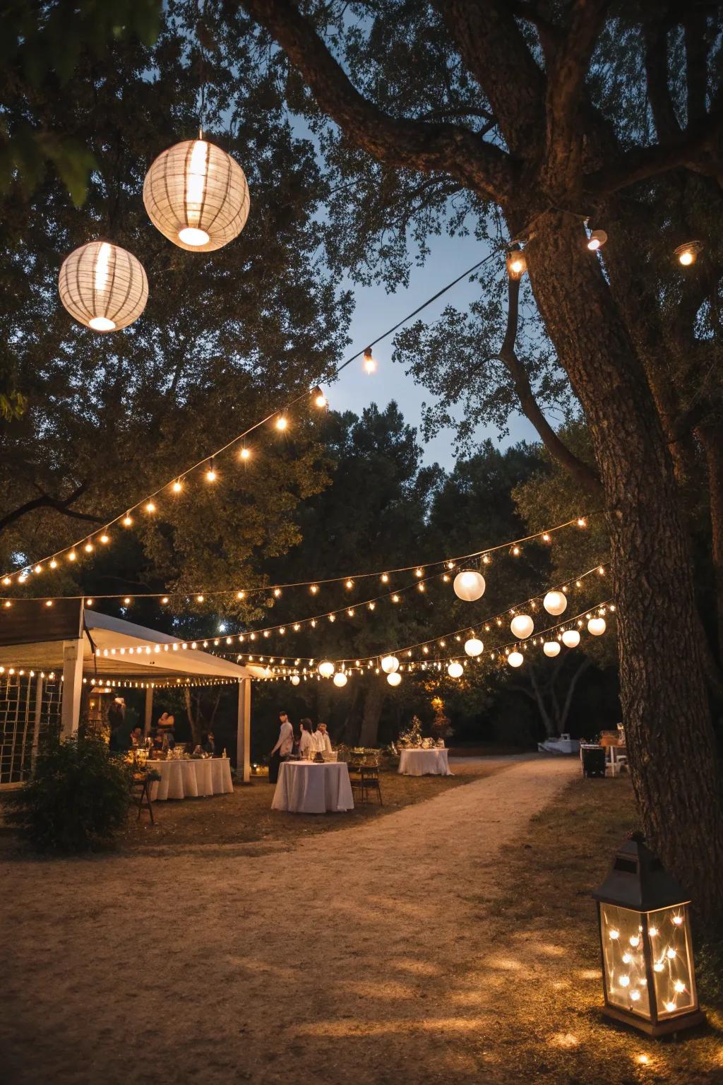 Fairy lights and lamps craft an intimate and charming outdoor mood.
