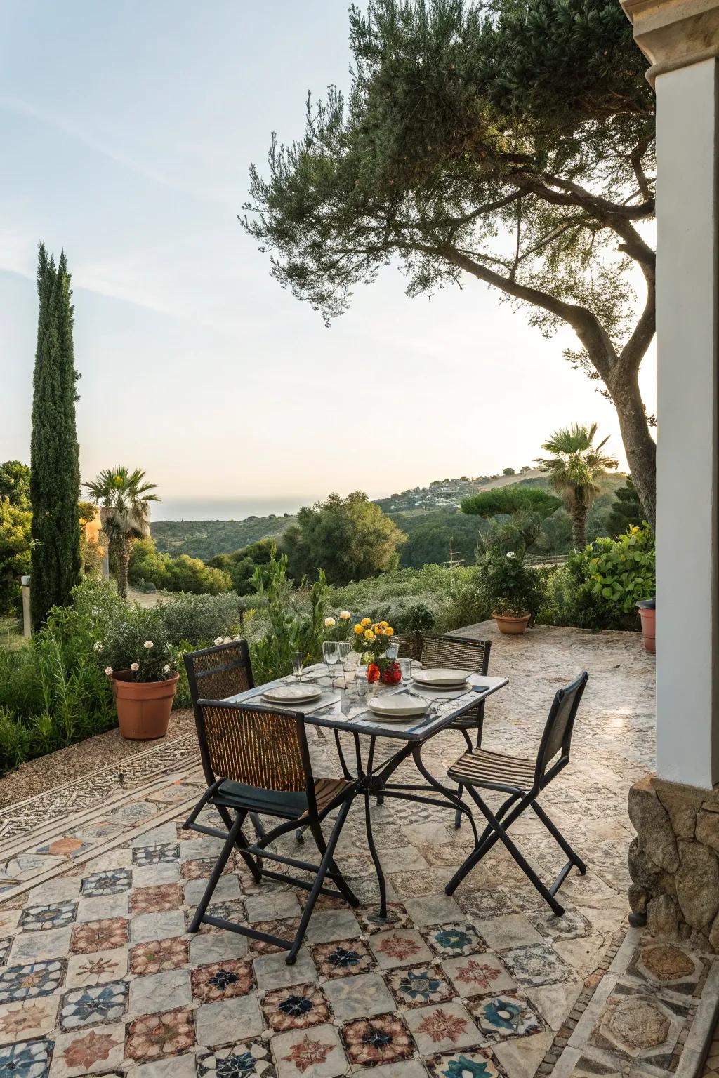 Feast in style with an elegantly tiled outdoor dining area.