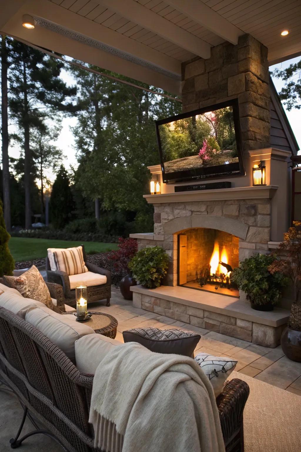 A screen above the hearth converts every night into an inviting outdoor escape.