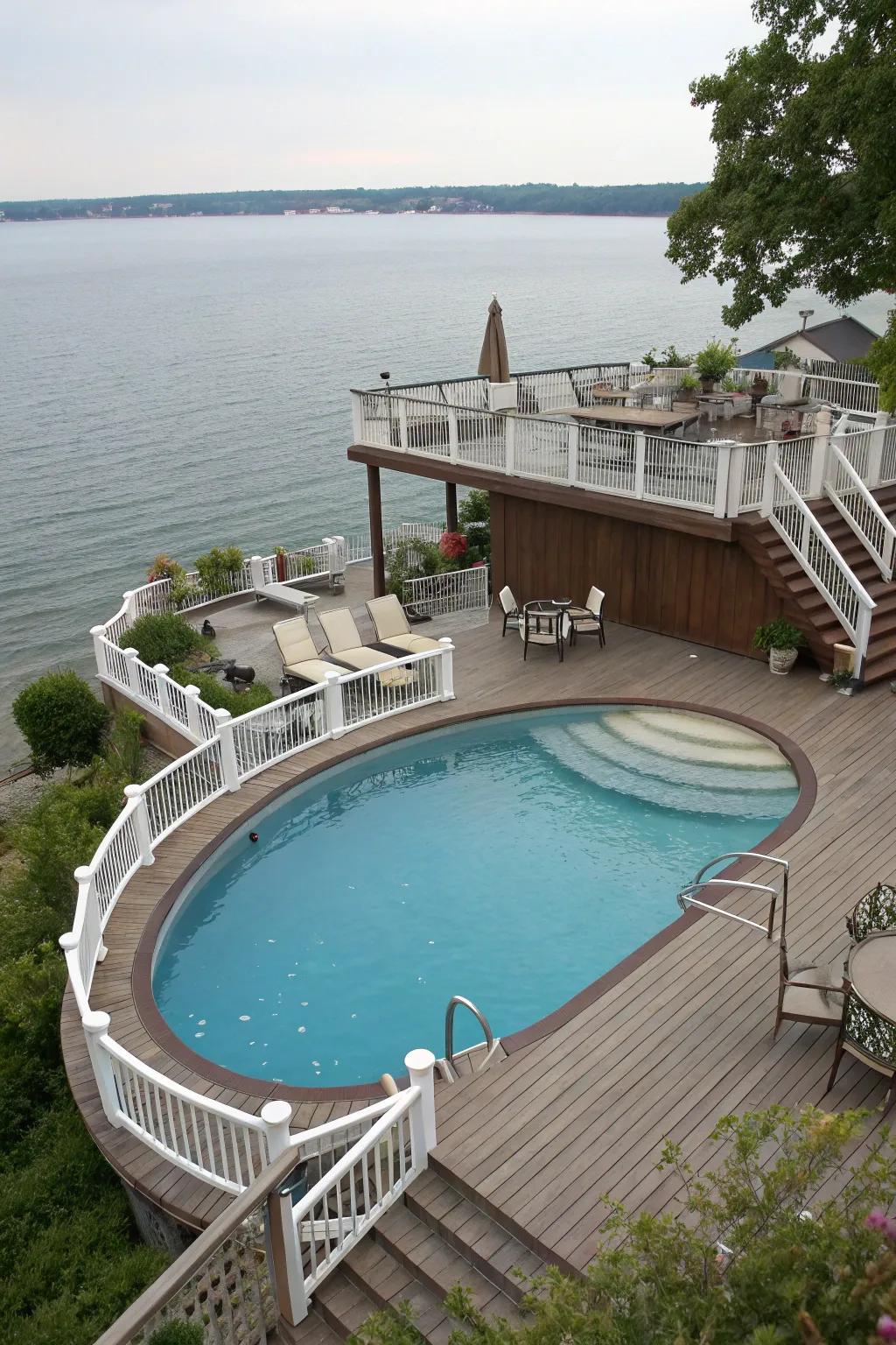 Tiered decks establish an energetic and adaptable pool setting.