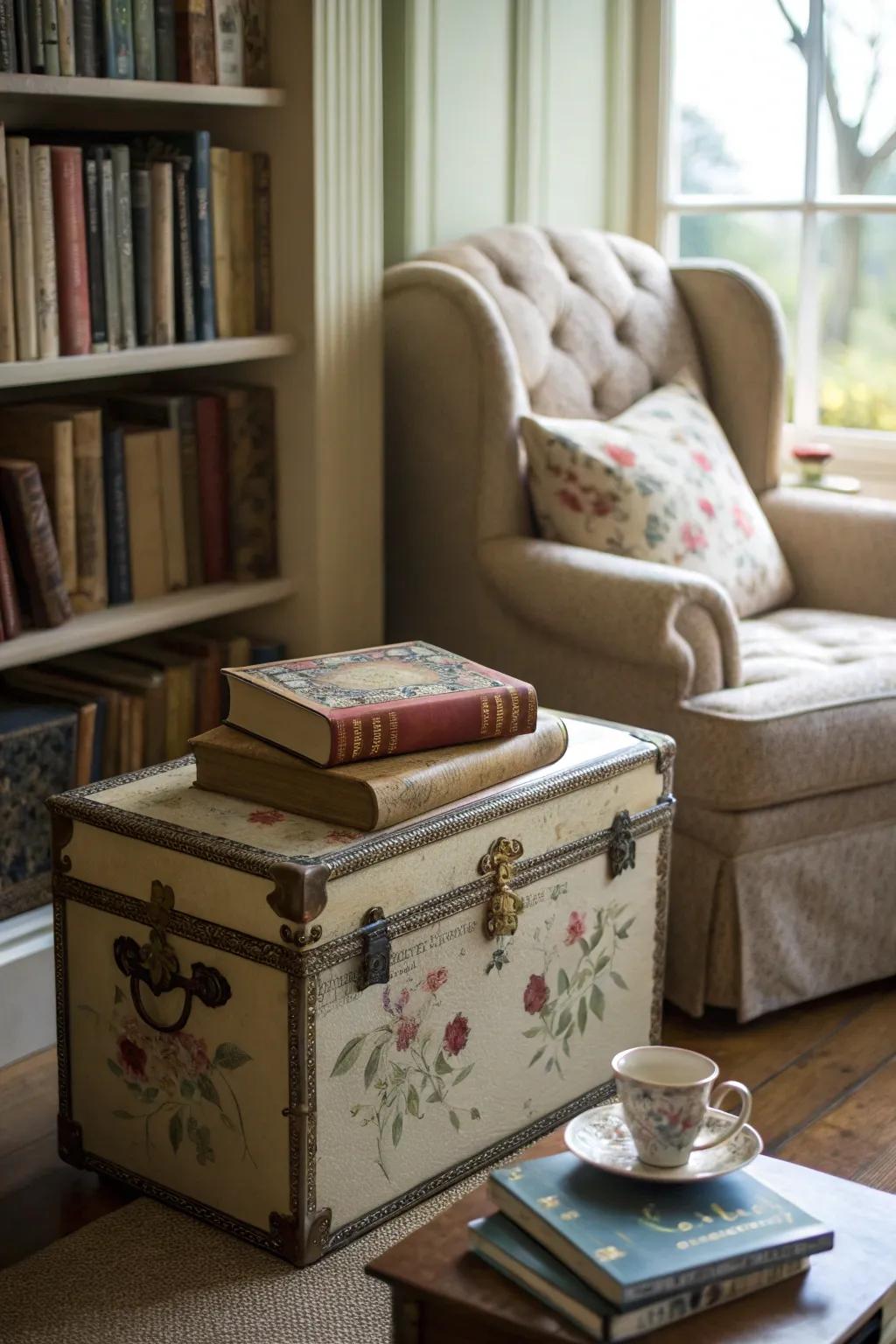 A vintage chest comes alive with beauty in a blossom pattern.