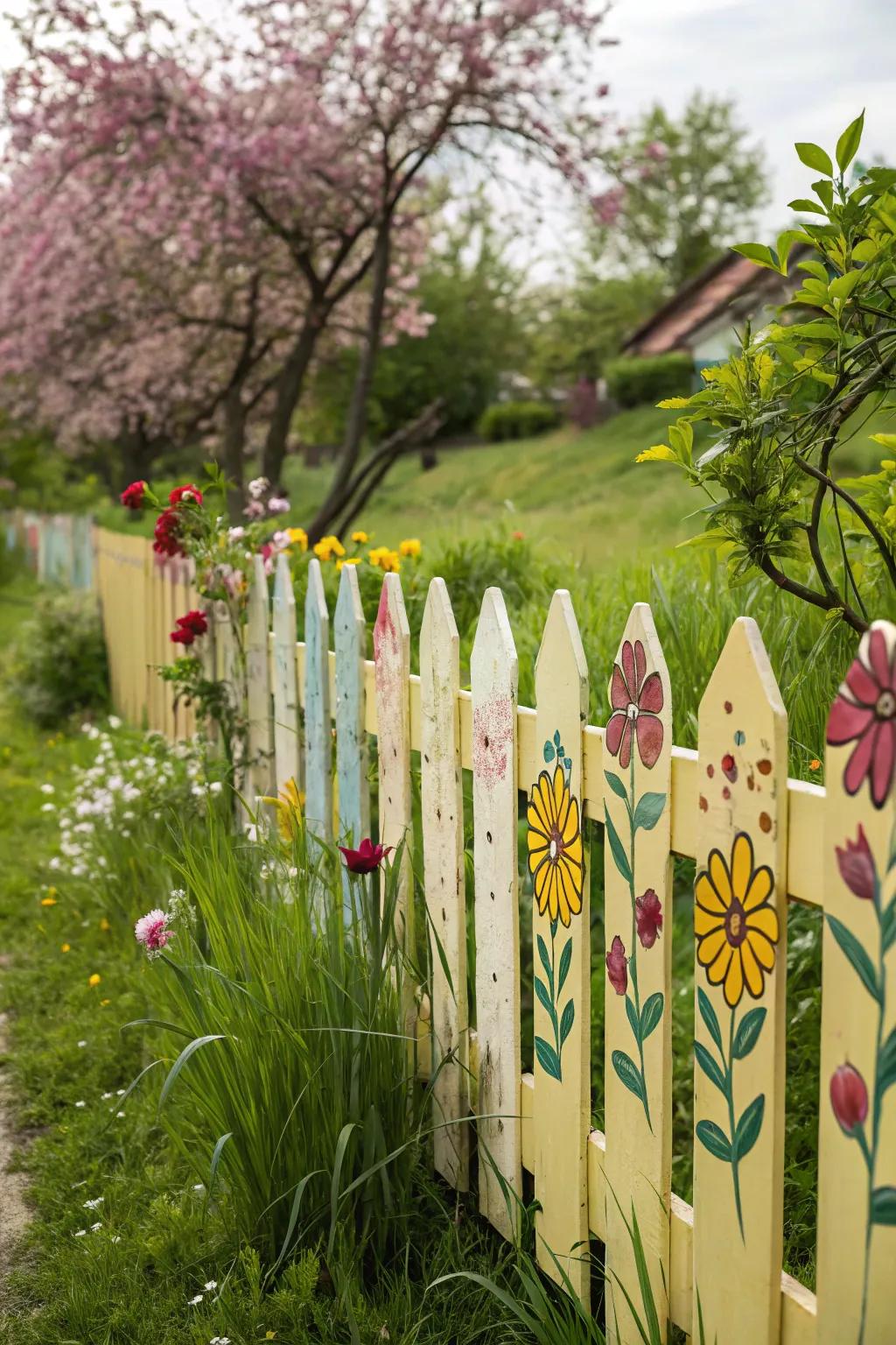 A picket fence embellished with meticulously hand-painted botanical motifs.
