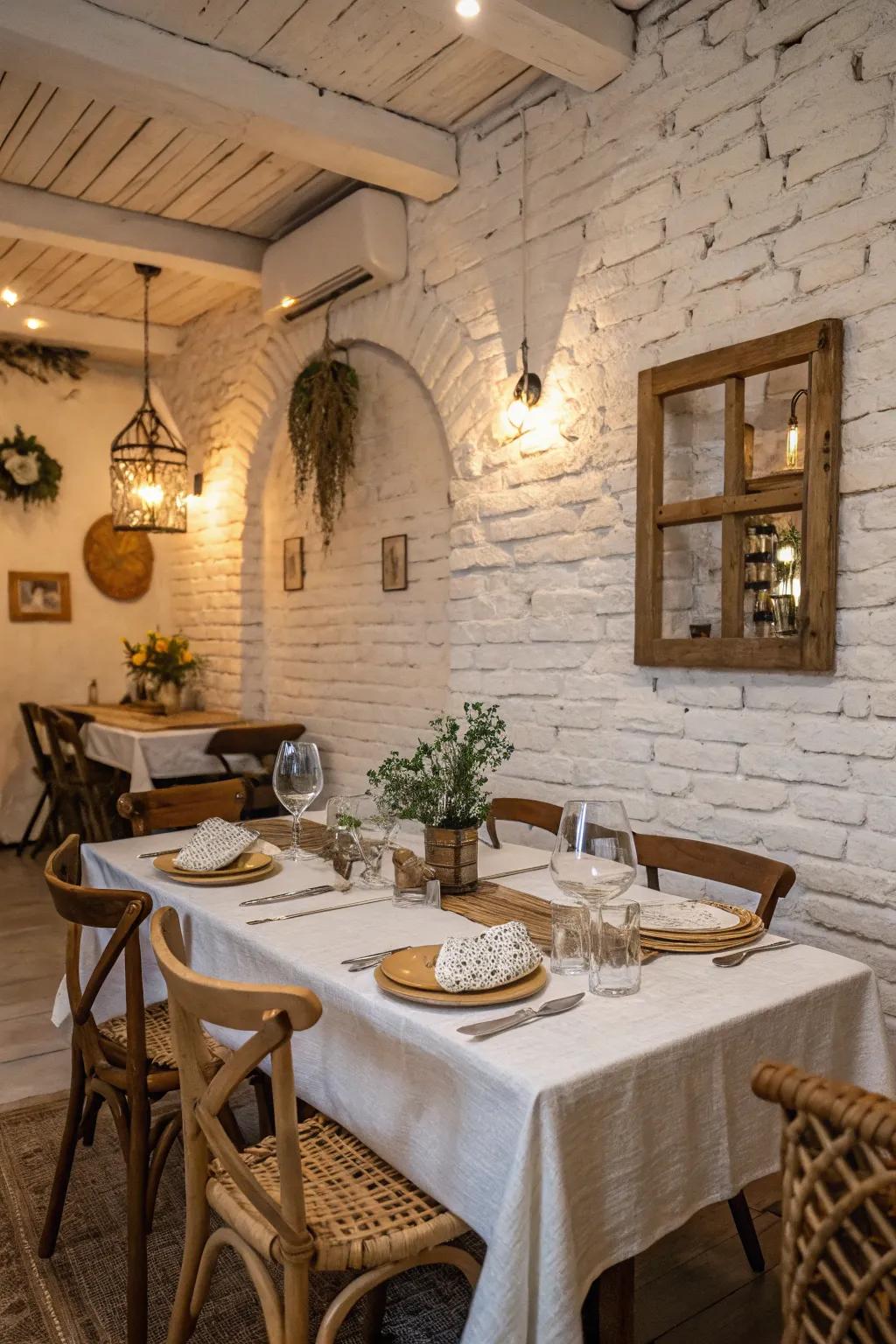 An eating area radiating charm with its chalky wall and aged touches.