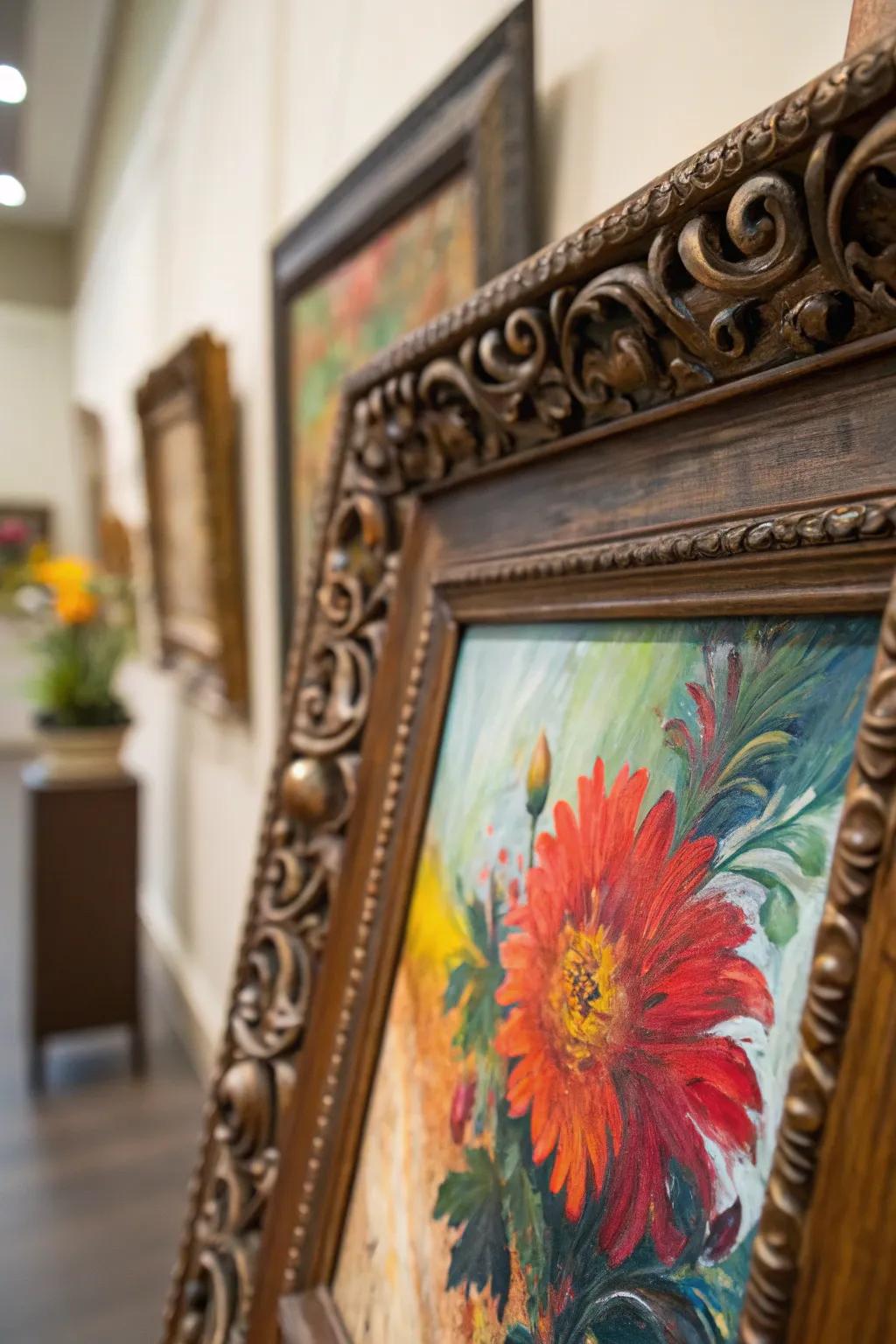 An ornamental frame contributes grace to a vibrant artwork.