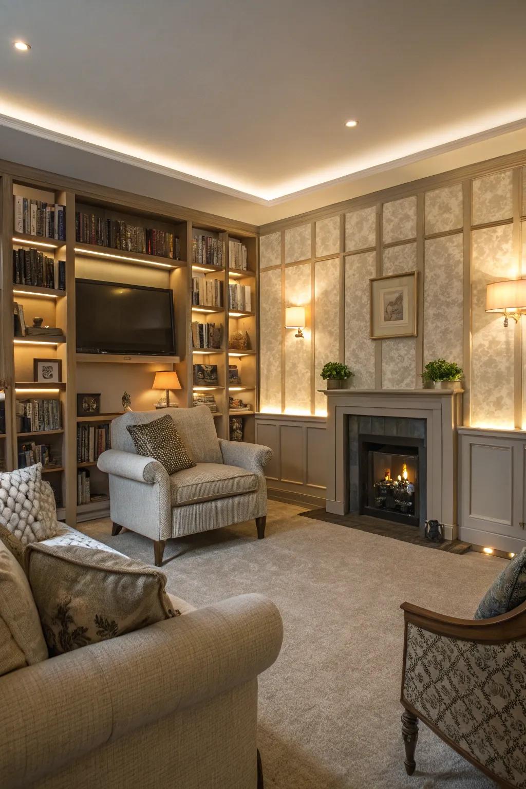 Living room featuring integrated lighting in board designs.