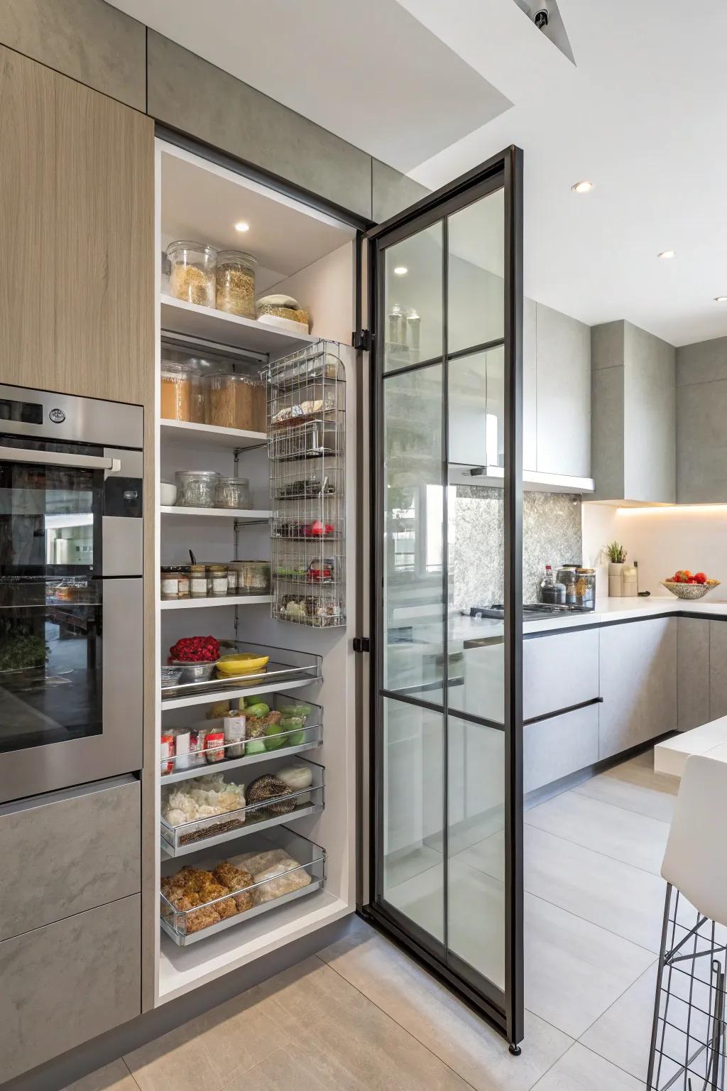 Glass portals lend an element of modern sophistication to your pantry area.