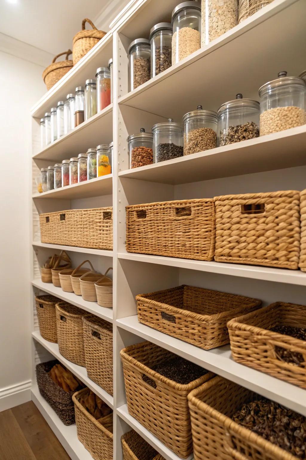 Osier baskets on pantry shelves provide both organization and visual engagement.