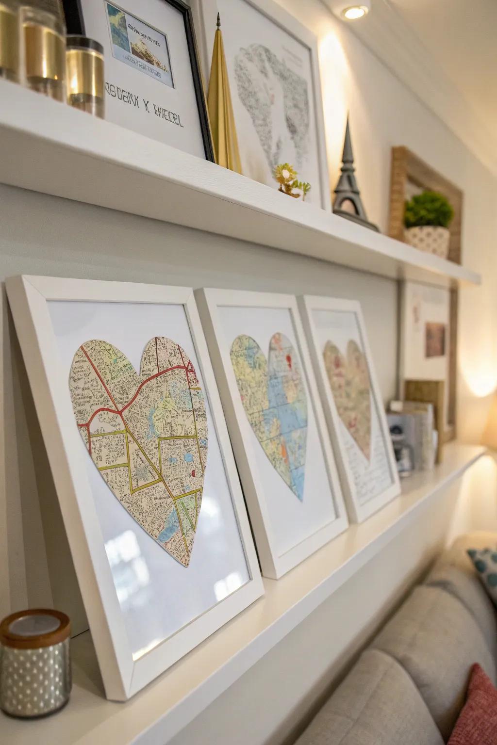 Map art highlighting significant spots in your relationship journey.