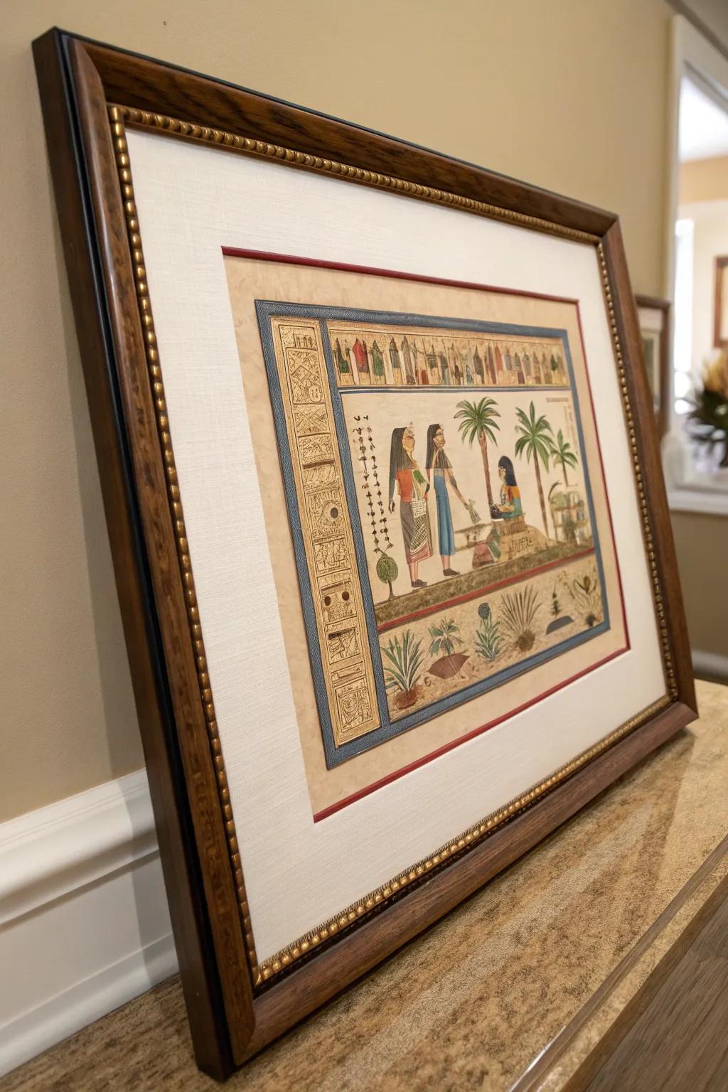 Layered mounting intensifies the hue and depth of papyrus art.