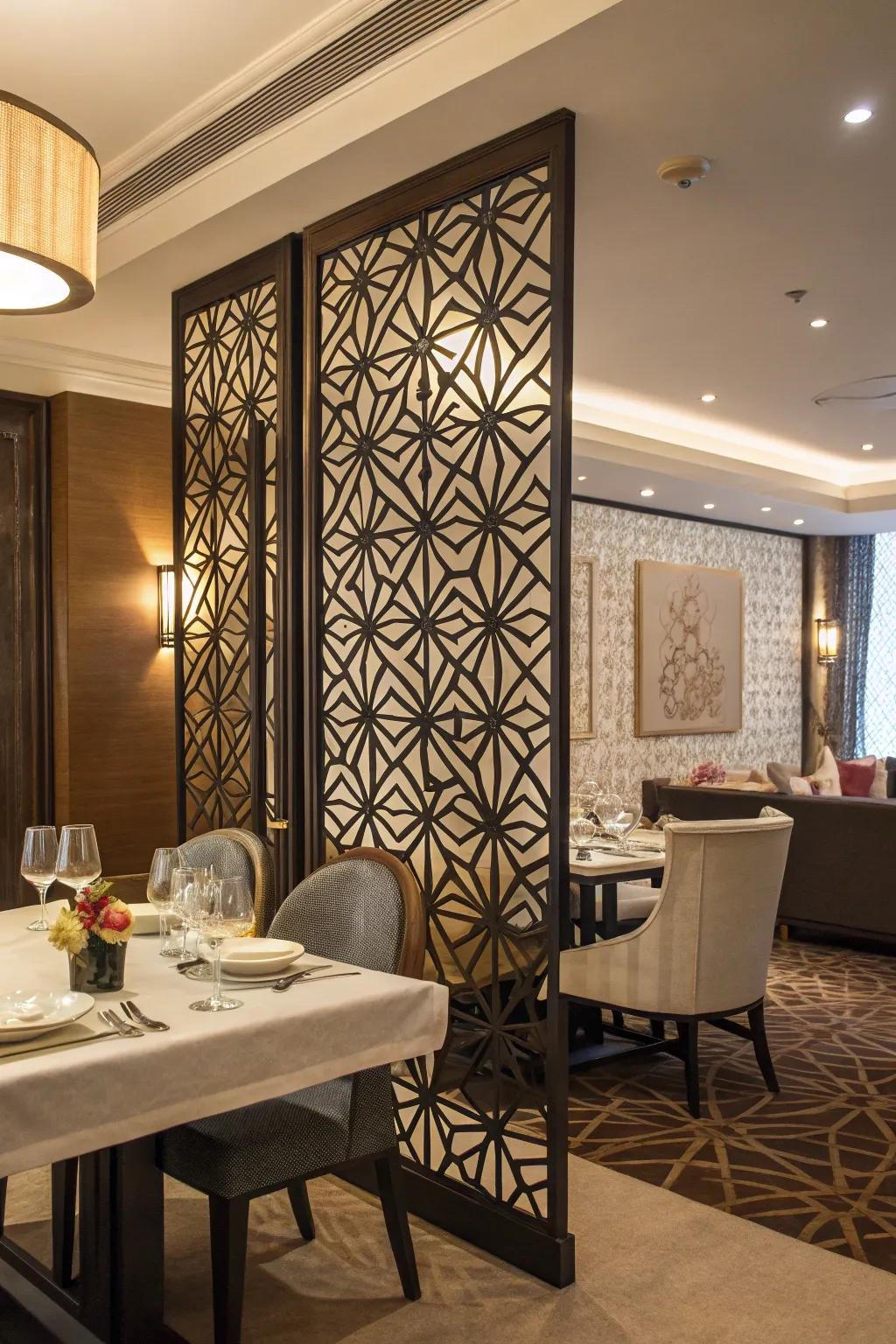 Geometric room dividers act as practical artistic elements.