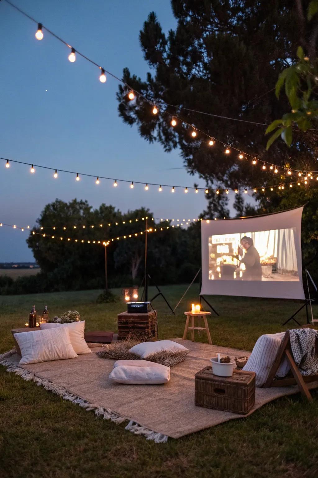 An inviting open-air film showing configuration with filament lights and comfy couches.