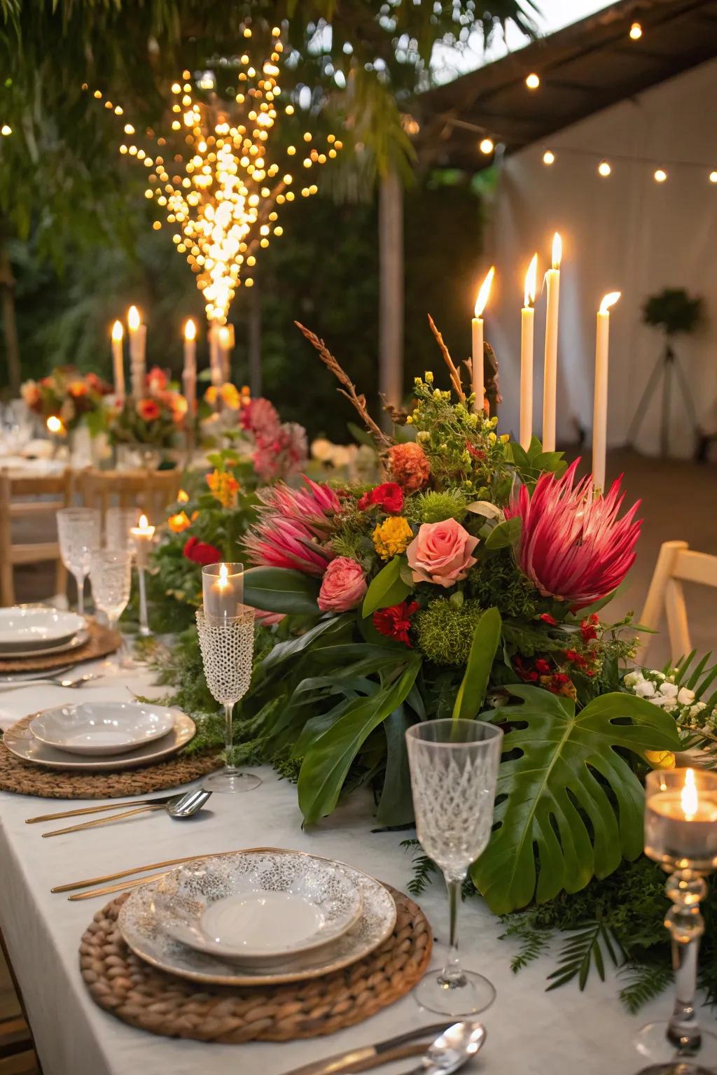 Radiant floral arrangements adding bursts of color to a celebratory party table