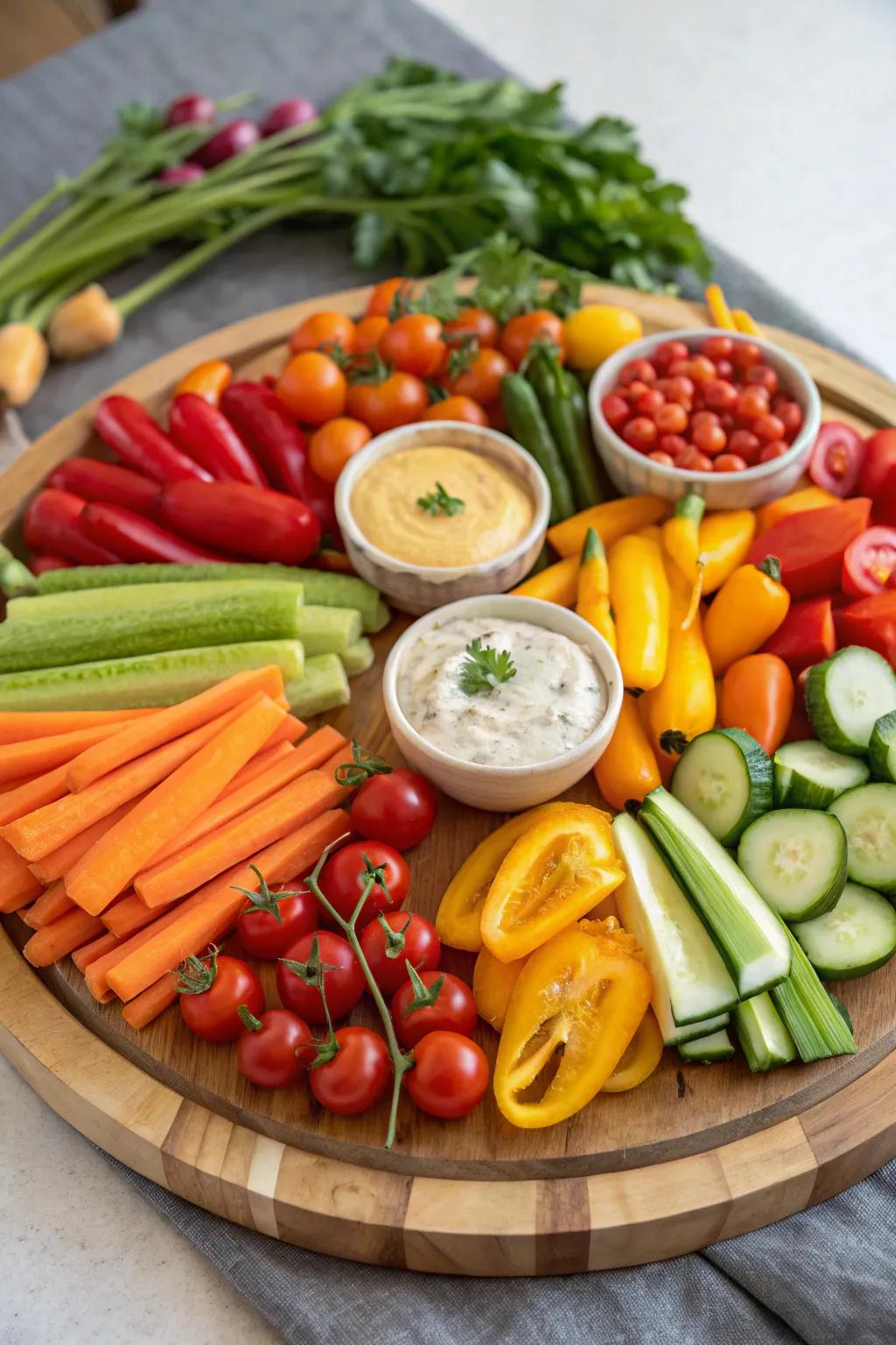 A vibrant array of fresh vegetables served with tantalizing dips.