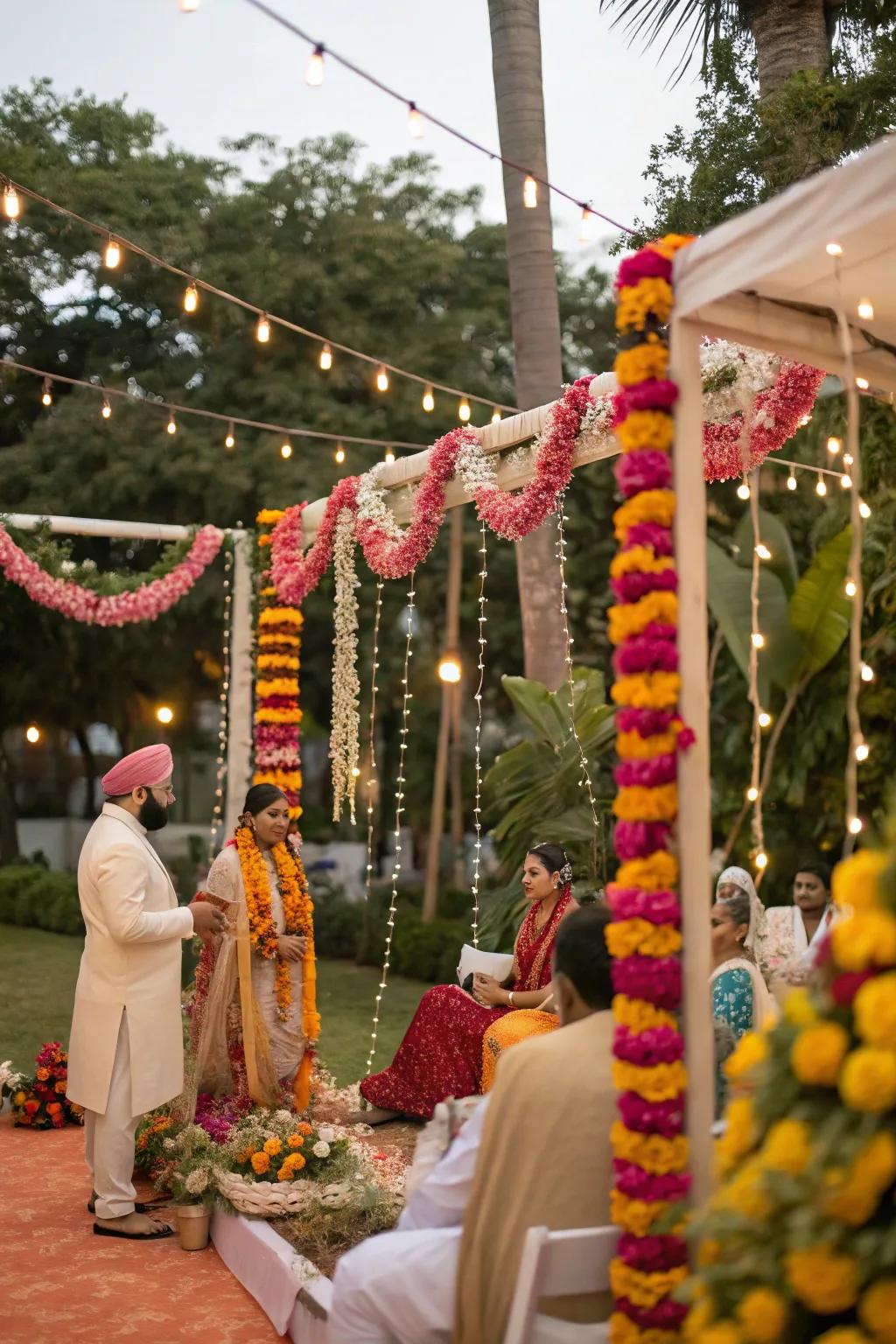 Floral garlands bringing a festive spirit to a rice-feeding ceremony.