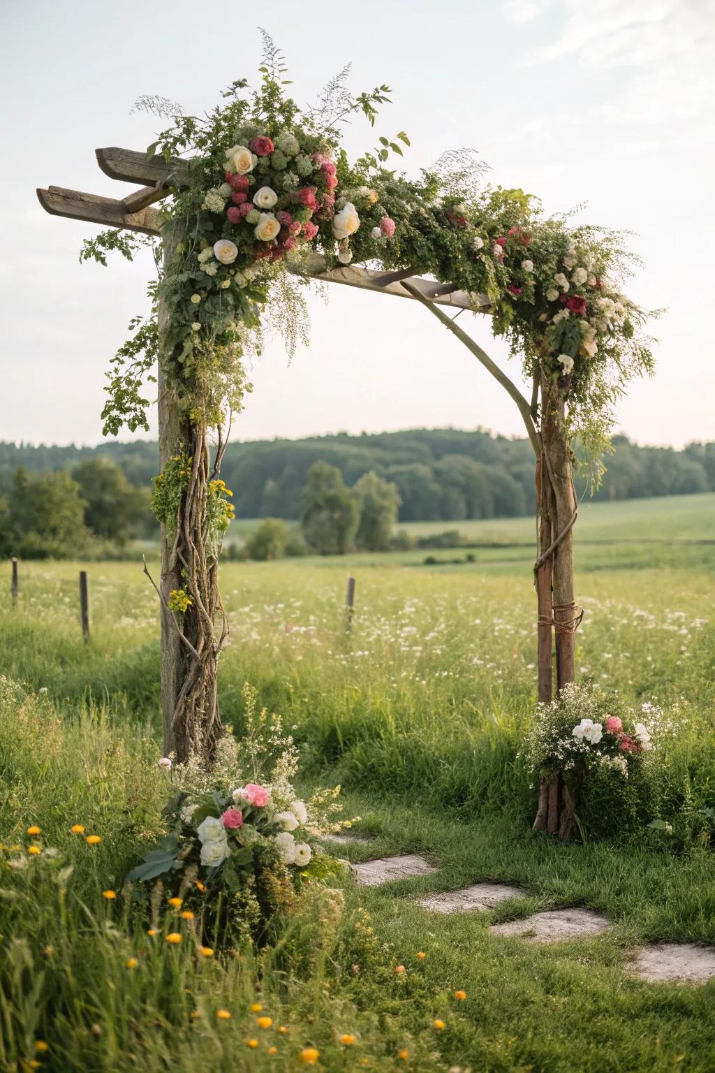 A country-style entrance lavishly decorated with greenery and blossoms.