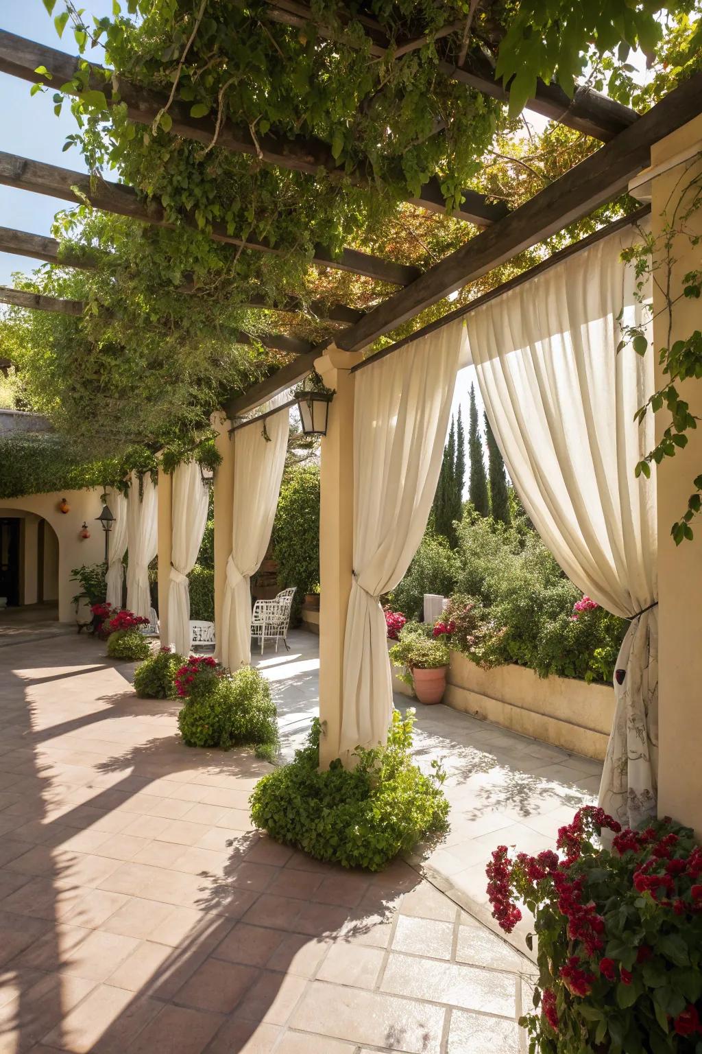 Pergola coverings merge structural elegance with useful shading features.