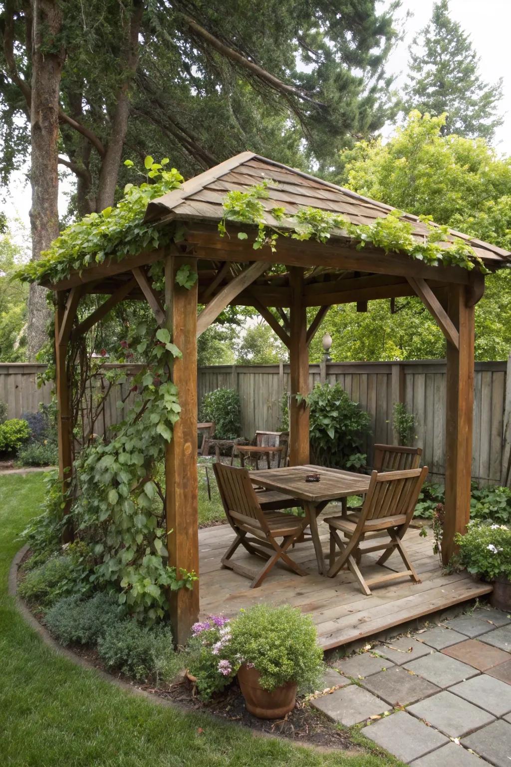 A timber gazebo exudes rustic charm while offering protection from the rain.