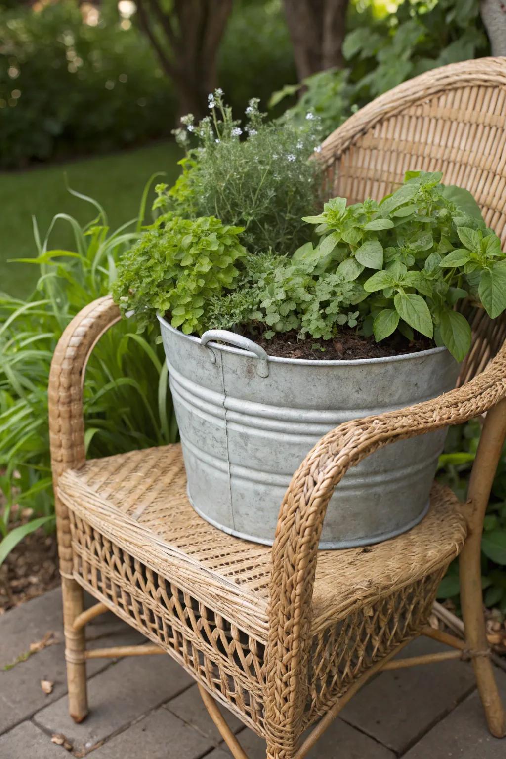 Repurposed wicker chair as an herb garden.