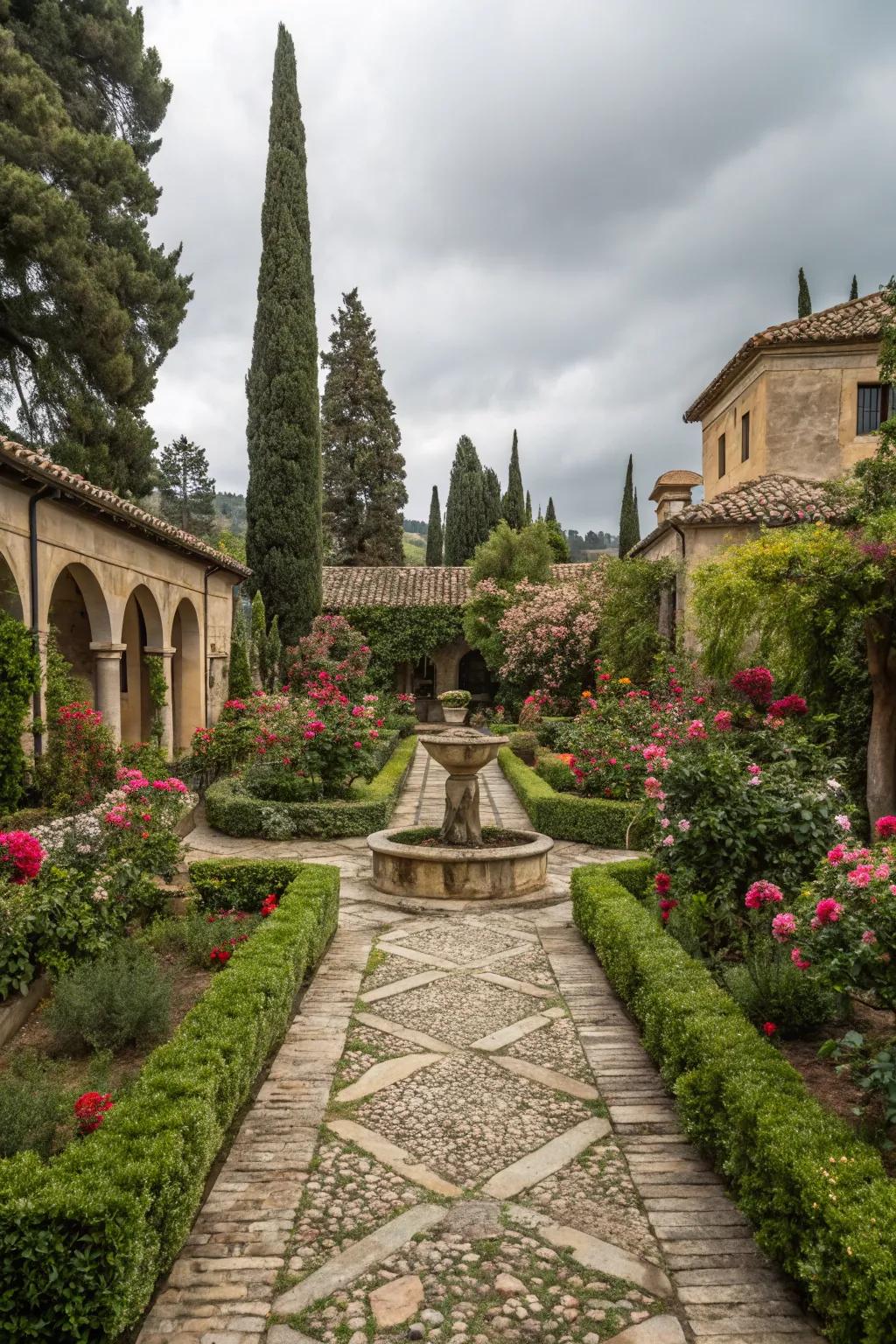 Stone walkways contribute an element of class to this Italian garden.