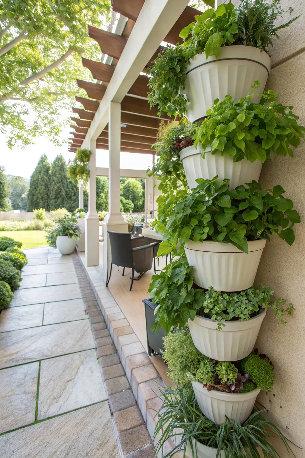 Enhance your patio's appeal with a vertical garden that expertly utilizes space.