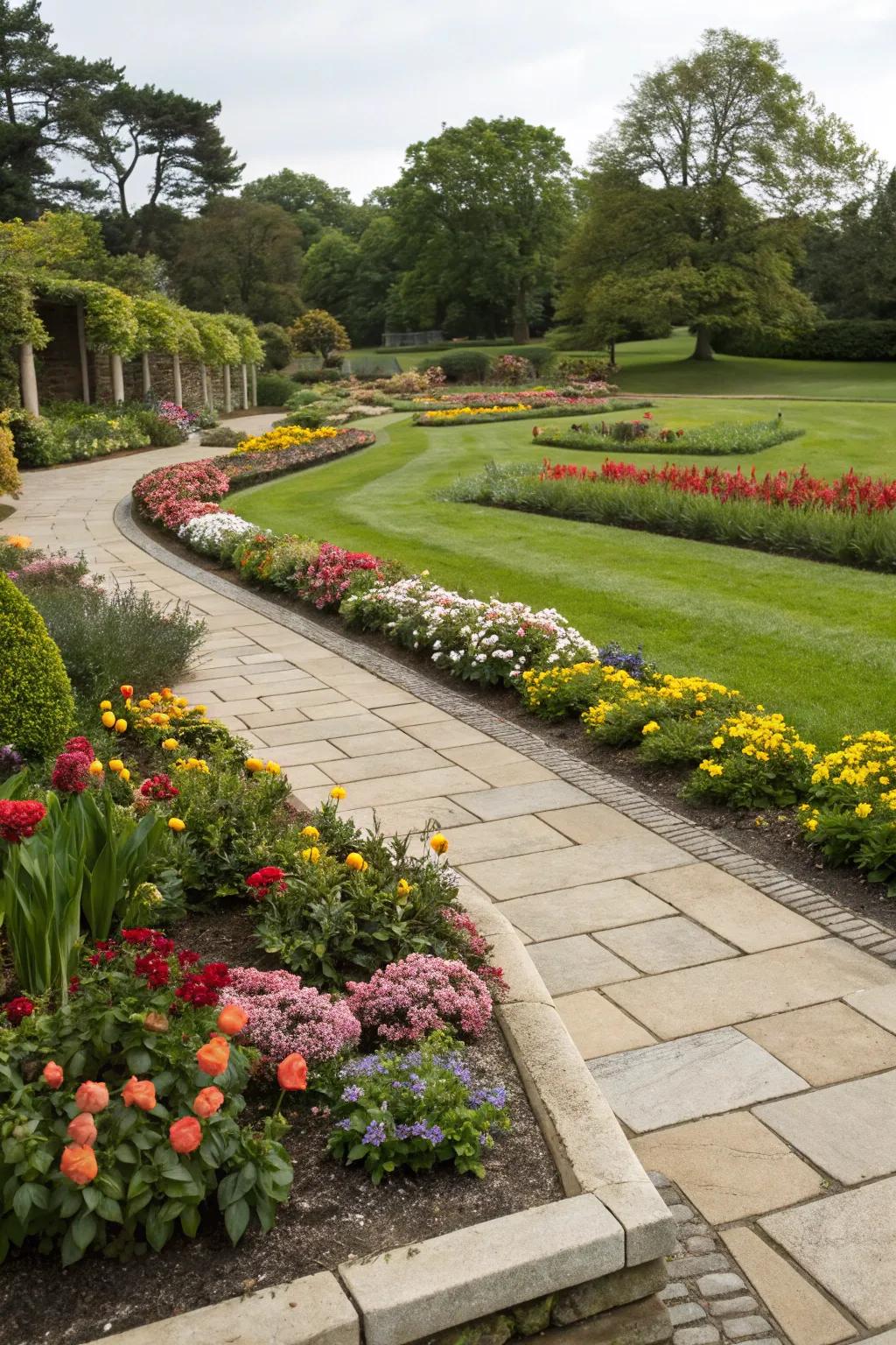 Paver borders offer a crisp and well-defined edge for flower beds.