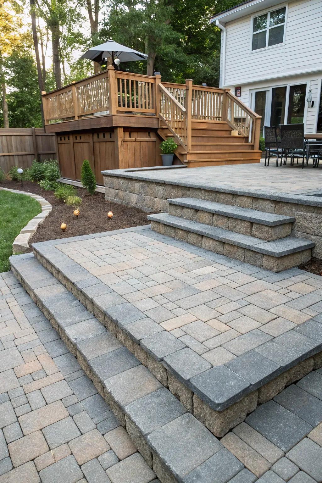 A tiered layout enriches the transition from deck to patio.