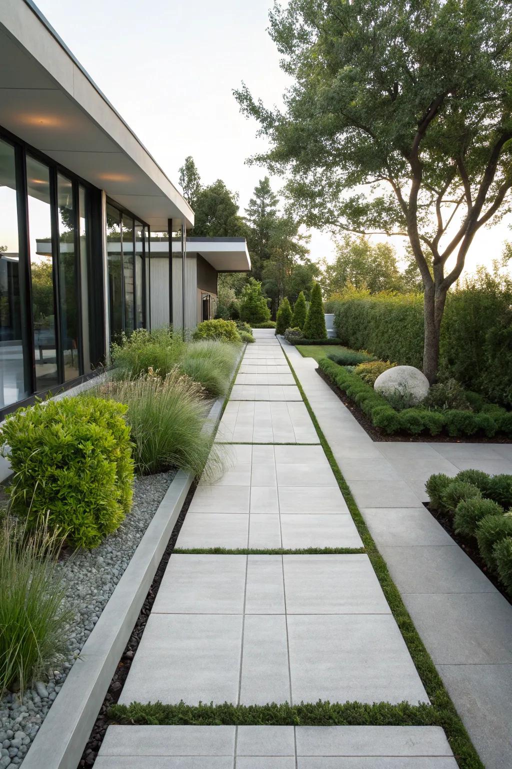 An uncluttered concrete paver walkway situated in a minimalist garden space.